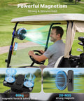 Magnetic Golf Cart Misting Fan And Phone Holder Gift Set For Dads And Golfers in use on golf cart windshield.