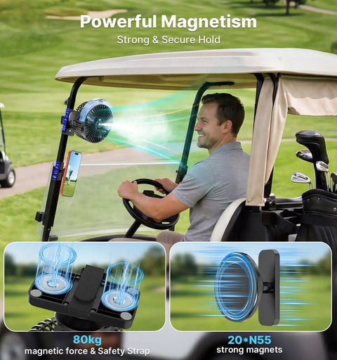 Magnetic Golf Cart Misting Fan And Phone Holder Gift Set For Dads And Golfers in use on golf cart windshield.