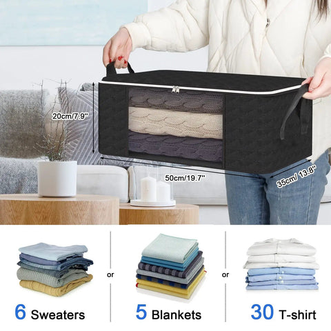 Person holding Set Of 8 Foldable Closet Storage Bags With Zippers And Clear Window, 36L for blankets and sweaters, black color.