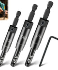 Front view of hinge drill bit set with three self-centering bits (3/32, 7/64, 1/8 in) and hex shanks with hex wrench