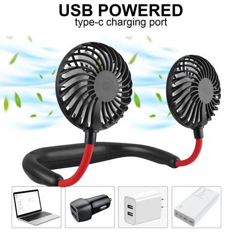 Neck Wearable Portable Fan With 2500mAh Battery USB Rechargeable Hands Free Dual Head Rotatable Mini Face Cooling Personal Fan