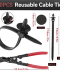 10PCS black reusable cable ties and pliers shown with measurements, part of the 2080Piece Auto Retainer Clips Kit With Fastener Pliers.