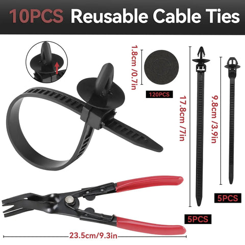 10PCS black reusable cable ties and pliers shown with measurements, part of the 2080Piece Auto Retainer Clips Kit With Fastener Pliers.