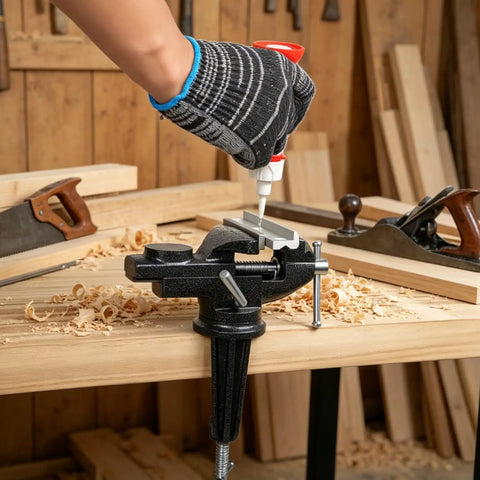 Badass 3.2 Inch Bench Vise With Fully Swiveling 360 Rotation And Grippy Soft Jaws, hand applying glue on a wooden piece in workshop.