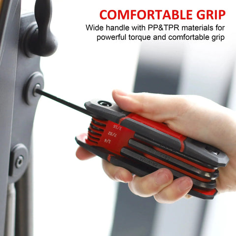 Person using Three Pack Folding Allen Wrench Set Includes SAE Metric And Torx Keys, Portable Hex Key Kit for door repair.