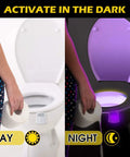 Day and night view of toilet with Six Pack Toilet Night Lights Motion Activated Sensor Lamps With 16 Color Changing LED Inside Toilet Bowl