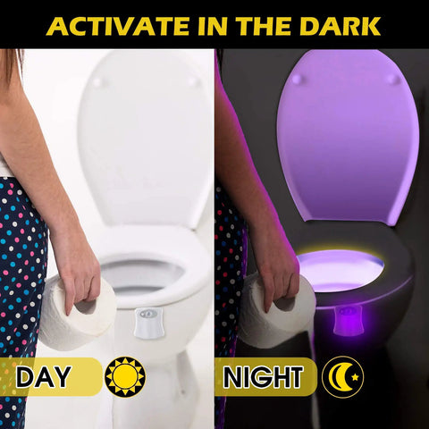 Day and night view of toilet with Six Pack Toilet Night Lights Motion Activated Sensor Lamps With 16 Color Changing LED Inside Toilet Bowl