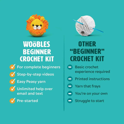 Comparison image of The Woobles beginner crochet kit with easy features and competitor crochet kit with intimidating features.
