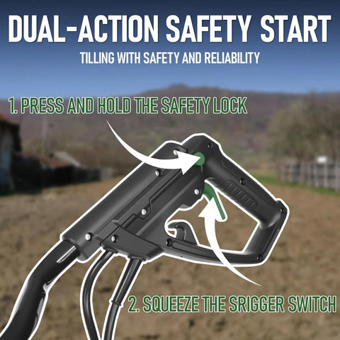 Dual-action safety start feature on Powerful 14 Inch Electric Tiller Cultivator With 10 Amp Motor, safety lock and trigger shown