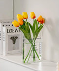 Clear Book Vase Acrylic Flower Holder And Space Saving Desk Decor For Bookshelf Modern Minimalist Home Office Organizer Floral Display For Study Desk Vibe with yellow tulips.
