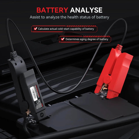 BT900 Wireless Bluetooth Battery Tester Clip For Cars Trucks Motorcycles ATVs SUVs Boats And Yachts 100-2000 CCA Load 9V-30V Range Battery Health Cranking And Charging Tests With Kickass Bluetooth Readouts, black and red clamps on battery