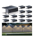 Top Shelf Solar Fence Lights Outdoor Pack Of Twelve With Three Custom Kelvin Options Rock Solid IP65 Water Resistant Build Auto Dusk To Dawn Glow Makes Backyard Patio And Deck Look Absolutely Fresh, showing twelve sleek black solar lamps mounted on a fence.
