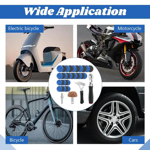 Wide application of Heavy Duty Tire Repair Patch Kit 33 Piece Tool Set Including tungsten patches for bicycles, motorcycles, and cars.