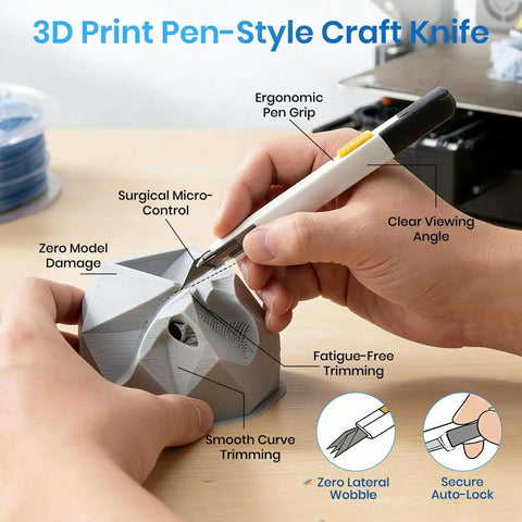 Using Pro Grade 142-Piece 3D Printer Tool Kit's pen-style craft knife for precise trimming on a 3D-printed model