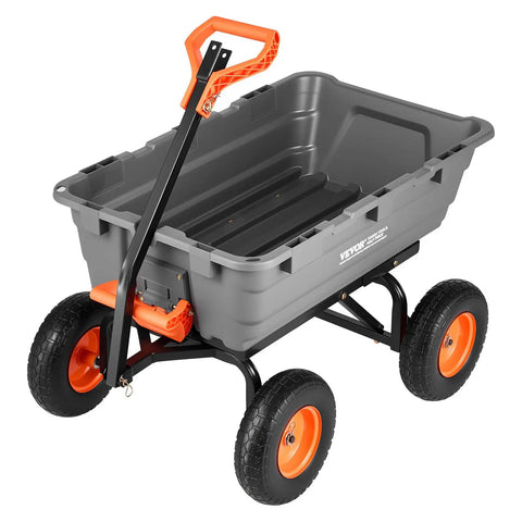 Heavy Duty 10 Cu Ft Poly Garden Cart Dump Wagon With Convertible Handle And 13 Inch Flat Free Tires, Tow Behind Yard Wagon For Lawn Mower And Tractor, 1200 Lbs Capacity. Gray dump cart with orange handle and wheels