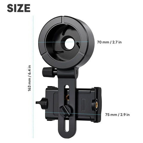 Universal Phone Scope Adapter For Spotting Scopes Telescopes Binoculars Monoculars And Microscopes Fits Most Smartphones shown with size dimensions