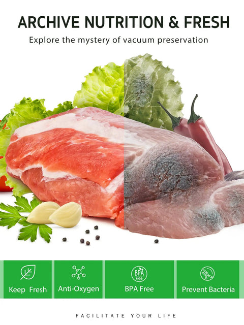 Fresh meat and vegetables with 11 Inch By 150 Foot Food Vacuum Seal Roll With Cutter Dispenser For Any Vacuum Sealer Pro Grade BPA Free Bags.