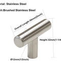 5 Pack Brushed Nickel T Bar Cabinet Knobs 2 Inch Heavy Duty Stainless Steel Kitchen Drawer Pulls shown with dimensions.