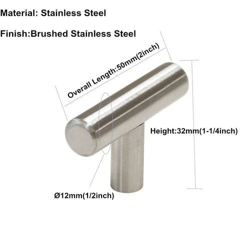 5 Pack Brushed Nickel T Bar Cabinet Knobs 2 Inch Heavy Duty Stainless Steel Kitchen Drawer Pulls shown with dimensions.