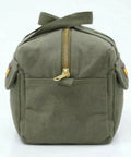 Side view of Tough As Nails Waxed Canvas Military Duffle Bag With Water Resistance showing heavy duty zippers and green canvas material.