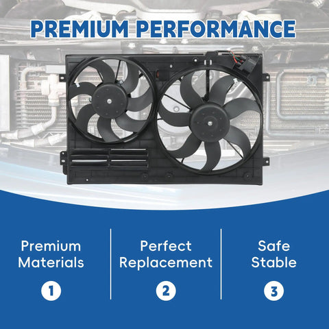 Direct Swap Radiator Cooling Fan Real Deal Fix Compatible With Vw Jetta Passat Gti Cc Golf Beetle Tt 18 Liter 19 Liter Engine Oem Replacement Cooling Blade Assembly with dual black fans.