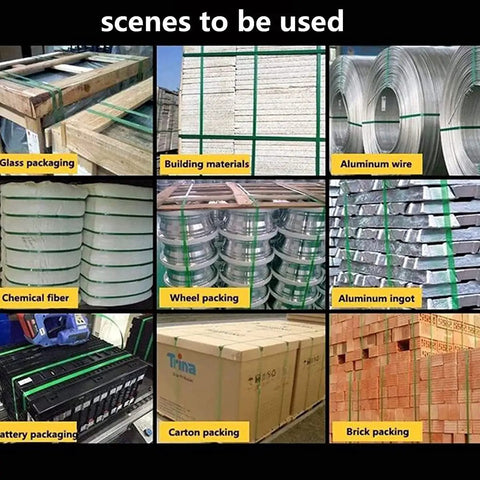 Scenes showing various packaging use cases with Solid Automatic Strapping Tool Built For One Half To Five Inches Wide Pp Pet Tape.