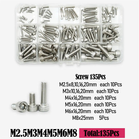 All In One Screw And Nut Kit With Brass Heat Insert Nuts And Hex Socket Cap Screws From M2.5 To M8, Stainless Steel And Copper Allen Bolts For Plastic Projects, Neatly Organized In A Durable Case For Quick Repairs, showing assorted screws in a compartmentalized box.