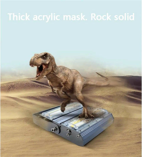 JUDYSSY Led Flood Lights Outdoor with thick acrylic mask and dinosaur, showing sturdy aluminum material and design.