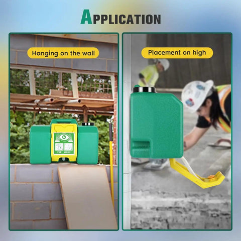 Eyewash Station 8 Gallon Gravity Fed Self Contained Emergency Eye Wash Kit For Construction Sites Labs Garages Wall Mount 15 Minute Flush OSHA Compliant No Plumbing Needed installed on a wall and used in a construction area.