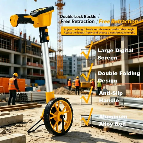 Heavy Duty Digital Measuring Wheel With Backlit Display And Folding Rollers For Surveying And Construction Straight Up Accurate To Point Zero Three Precision In Feet And Meters Built Tough For No Sweat Work