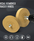 Decal Remover Wheel Kit For Drill 3.5 Inch Eraser Wheel With Adapter shown attached to a drill, for removing car decals.