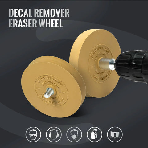 Decal Remover Wheel Kit For Drill 3.5 Inch Eraser Wheel With Adapter shown attached to a drill, for removing car decals.