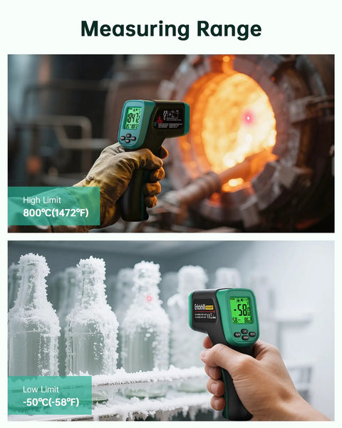 Dual Mode Infrared Thermometer Gun With Laser, Non Contact Digital Thermometer For Cooking, BBQ And Industrial Use showing range