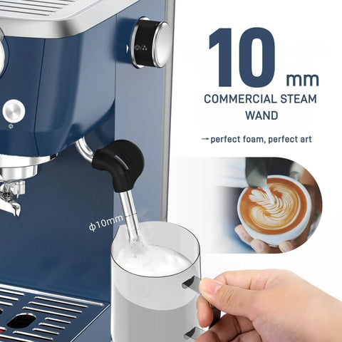 Premium 20 Bar Espresso Machine With A Beefy 10mm Steam Wand And Integrated Milk Frother for crafting lattes with rich froth.