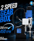Heavy Duty Magnetic Core Drilling Machine For Steel Fabrication With A Precise Forty Five Millimeter Cut Depth, showing 2-speed gear box and RPM settings.