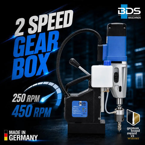 Heavy Duty Magnetic Core Drilling Machine For Steel Fabrication With A Precise Forty Five Millimeter Cut Depth, showing 2-speed gear box and RPM settings.