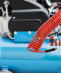 Straight Up Heavy Duty 7.5 Meter Retractable PU Air Hose Kit With Auto Rewind Mechanism Keeps Coils Tangle Free At Workshop Bench Plus Quarter Inch Quick Fit Connection Tips, red coiled hose on air compressor