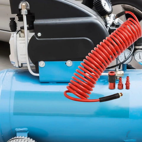 Straight Up Heavy Duty 7.5 Meter Retractable PU Air Hose Kit With Auto Rewind Mechanism Keeps Coils Tangle Free At Workshop Bench Plus Quarter Inch Quick Fit Connection Tips, red coiled hose on air compressor