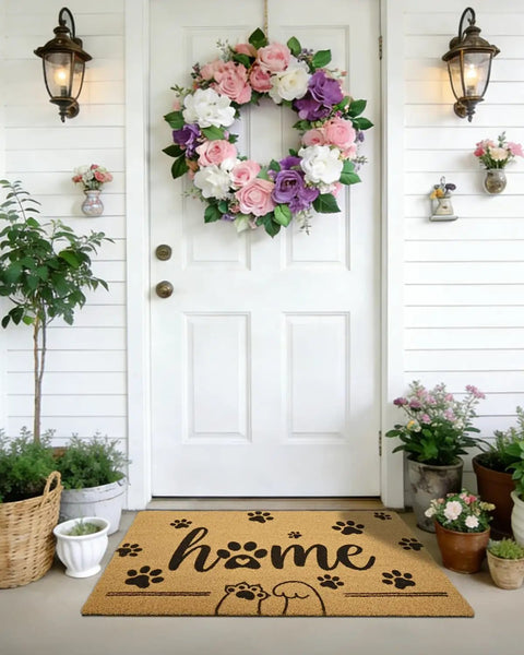 Front Door Mat 17x30 Welcome Mat With Paws Pattern, Heavy Duty Backing For Outdoor And Indoor Use, Faux Coco Coir Doormat