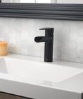 Touchless 4-Inch Centerset Matte Black Bathroom Faucet With Motion Sensor on hexagonal tile backsplash, installed on sink