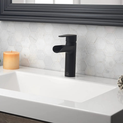 Touchless 4-Inch Centerset Matte Black Bathroom Faucet With Motion Sensor on hexagonal tile backsplash, installed on sink