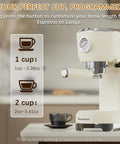 Home Barista Espresso Machine Generating Solid 20 Bar Pressure with brew settings for 1 or 2 cups displayed on the side.