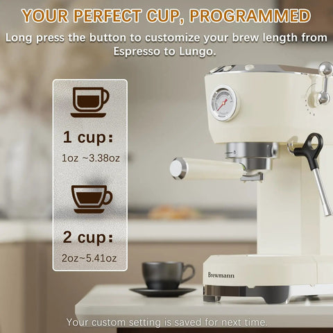 Home Barista Espresso Machine Generating Solid 20 Bar Pressure with brew settings for 1 or 2 cups displayed on the side.