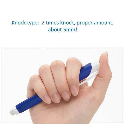 Hand holding a blue pencil from the Ultimate Drafting Pencil Set With 0.3mm 0.5mm 0.7mm And 0.9mm Leads, Four Refills And Silver Finish Case.
