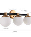 24 Inch Brass Gold And Black Dope Modern Globe LED Vanity Wall Sconce Light With White Frosted Glass Shade For Bathroom Kitchen Hallway Mid Century Art Deco Style Lighting Fixture, showing three frosted glass globes and dimensions.