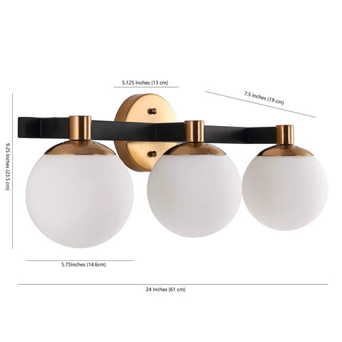 24 Inch Brass Gold And Black Dope Modern Globe LED Vanity Wall Sconce Light With White Frosted Glass Shade For Bathroom Kitchen Hallway Mid Century Art Deco Style Lighting Fixture, showing three frosted glass globes and dimensions.