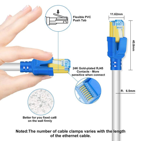 Close-up of Cat8 Ethernet Cable 25 Ft 26AWG Ultra Fast 40Gbps 2000MHz SFTP with gold plated RJ45 connectors being held.