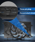 Close-up of the three-pin plug on the high performance dual electric radiator and condenser fan assembly.