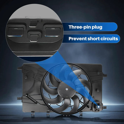 Close-up of the three-pin plug on the high performance dual electric radiator and condenser fan assembly.