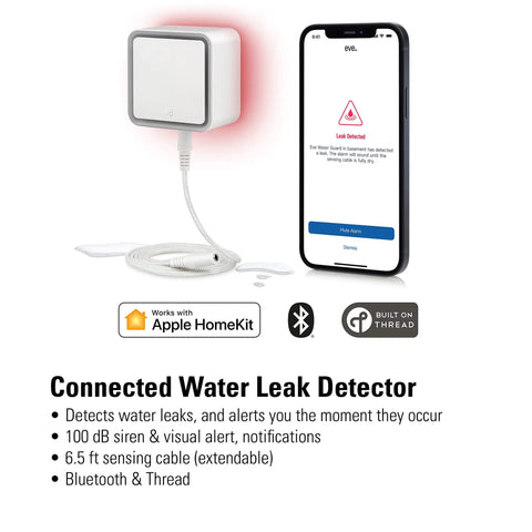 Smart Home Water Leak Detector With 6.5 Ft Sensing Cable, 100 dB Siren, HomeKit Ready, Real Time App Alerts, product image with phone